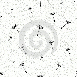 Floral background. Seamless pattern with dandelion fluff silhouette on a white background speckled. Beautiful nature