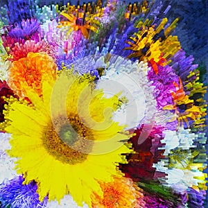 Floral background with stylized vivid bouquet of sunflower,aster,chamomile,dalia