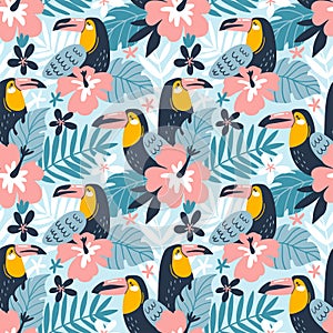 Floral background with tropical flowers, leaves and toucans. Vector seamless pattern