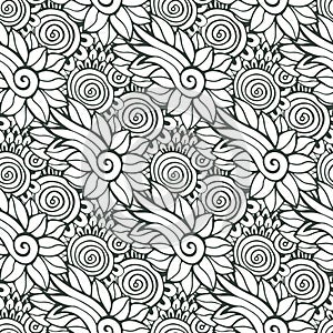 Floral background in vector for coloring book page or textile design. Seamless pattern