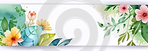 floral banner with green leaves and flowers against white background, watercolor illustration. concepts: floral