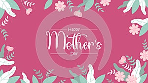 Floral banner Happy Mothers Day. Pink flowers on magenta background with congratulations inscription. Horizontal Festive