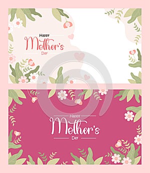 Floral banner Happy Mothers Day set. Pink flowers on white and magenta background with congratulations inscription
