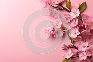 Floral banner. Sakura flowers blossoms on pastel pink background. Springtime composition with copy space. Flat lay