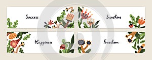 Floral banners set. Spring backgrounds designs with primitive fancy stylized plants, abstract naive garden. Horizontal