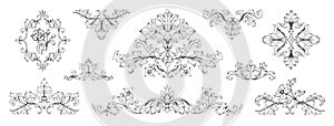 Floral baroque ornaments. Vintage Victorian frame decorative elements, swirl heraldic engraved with leaves and flowers photo