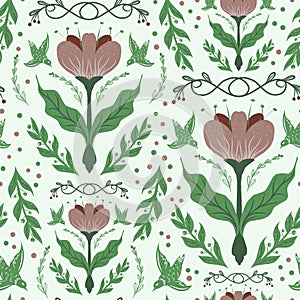 floral baroque pattern birds and crocus vector seamless pattern
