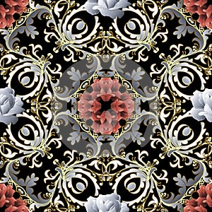 Floral Baroque seamless pattern. Vector roses flowers vintage ornament in baroque Victorian style. Ornamental luxury background.