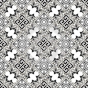 Floral Baroque style greek vector seamless pattern. Ornamental black and white geometric background. Vintage baroque Victorian