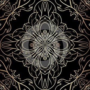 Floral Baroque style lines seamless pattern. Gold and black ornamental vector background. Repeat backdrop. Baroque Victorian style