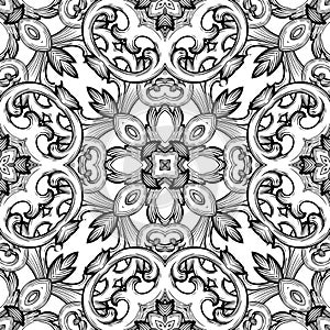 Floral Baroque style seamless pattern. Black and white ornamental vector background. Repeat backdrop. Baroque Victorian style