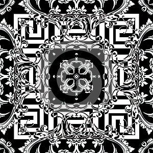 Floral Baroque style seamless pattern. Black and white ornamental vector background. Repeat backdrop. Baroque Victorian style
