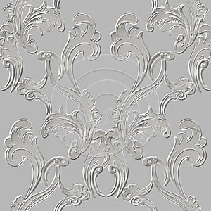 Floral Baroque white 3d seamless pattern. Embossed leafy background. Repeat emboss backdrop. Surface relief 3d vintage flowers