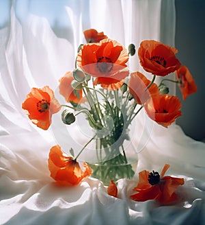 floral beautiful background sunshine flower bouquet vase poppy decoration red birthday. Generative AI.