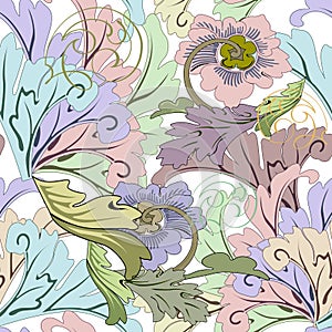 Floral beautiful seamless pattern. Baroque style vintage blossom flowers, leaves. Colorful plants on white background. Elegance