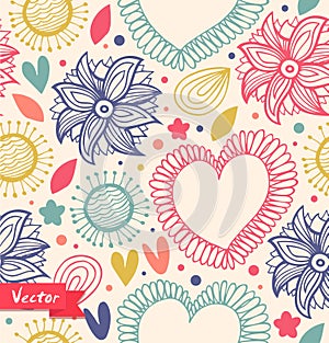 Floral beauty seamless pattern on the light background. Cute backdrop with hearts and flowers. Fabric decorative vintage texture.