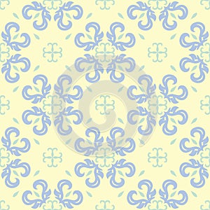 Floral beige seamless pattern. Beige background with light blue and green flower designs