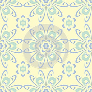 Floral beige seamless pattern. Beige background with light blue and green flower designs