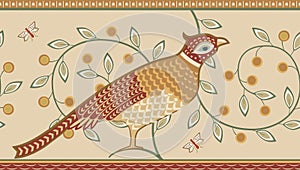 Floral and bird decorative border pattern on light background. Vector illustration.