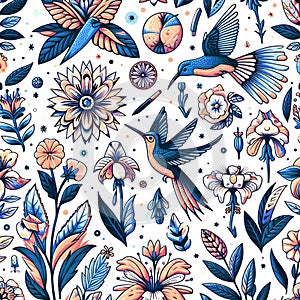 floral and birds abstract design on white background, AI generated image photo