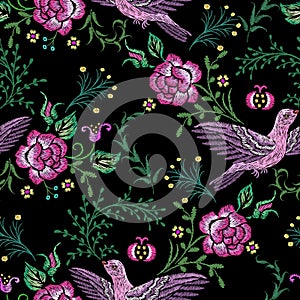 Floral birds pattern. Embroidery bird and rose or peony, victorian artwork design. Romantic spring garden wallpaper