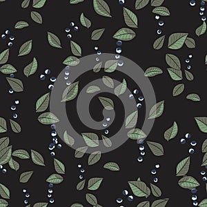 Floral black pattern with leaves and berries. Ornamental herb leaf branch seamless background.