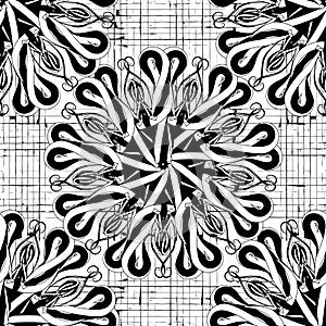Floral black and white abstract vector seamless pattern.