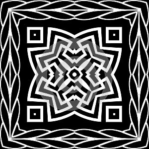 Floral black and white mandala pattern. Square braided frame. Vector ornamental background. Decorative tribal ethnic backdrop.