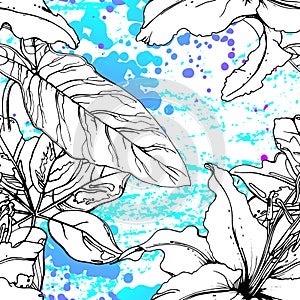 Floral Black and White Pattern. Blue Artistic