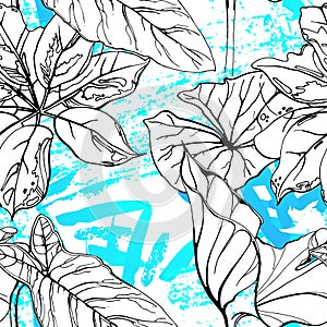 Floral Black and White Pattern. Blue Artistic