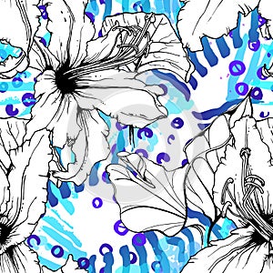 Floral Black and White Pattern. Blue Artistic