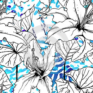 Floral Black and White Pattern. Blue Artistic