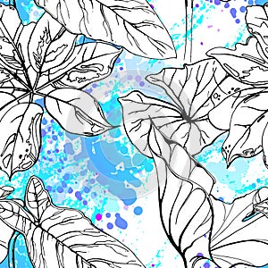 Floral Black and White Pattern. Blue Artistic