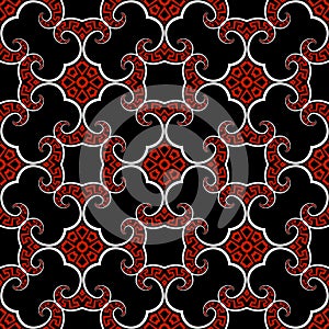 Floral black white red greek seamless pattern. Vector ornamental background. Vintage repeat backdrop. Greek ornament. Abstract