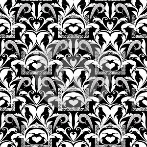 Floral black and white seamless pattern. Vector abstract background wallpaper with damask flowers, swirl leaves, curves, lines, m