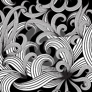 Floral black and white vector seamless pattern. Hand drawn vintage ornaments. Luxury design for fabrics, wallpapers, prints, tex