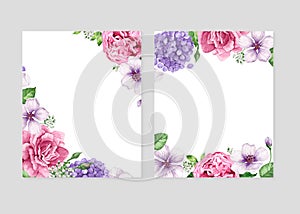 Floral blank template set. Flowers in watercolor style isolated on white background for web banners, polygraphy, wedding