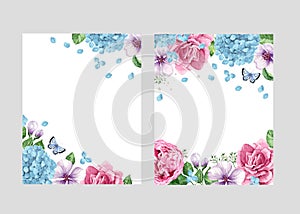 Floral blank template set. Flowers in watercolor style isolated on white background for web banners, polygraphy, wedding