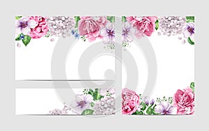 Floral blank template set. Flowers in watercolor style isolated on white background for web banners, polygraphy, wedding