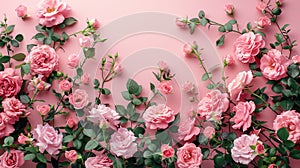 Floral Bliss: A Feminine Composition for Celebrations and Special Occasions with Pink Roses and Copy Space