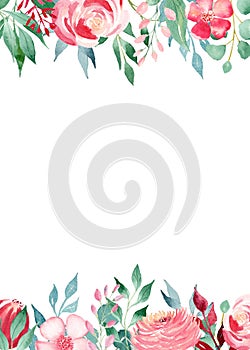 Floral bloom watercolor hand drawn raster frame template