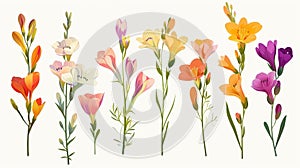 Floral blooming Freesia plant. Neon blossomed buds, leaves. Flowering freesia flower isolated on white. Botanical flat