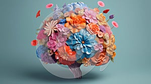 Floral blooming human brain, mental health, positive thinking, creative mind. Floral composition. Generative AI