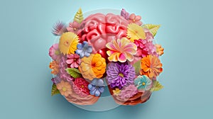 Floral blooming human brain, mental health, positive thinking, creative mind. Floral composition. Generative AI