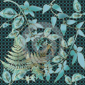 Floral blue vector seamless pattern. Ornate leafy lace background. Ornamental repeat grid backdrop. Ferns. Branches and leaves