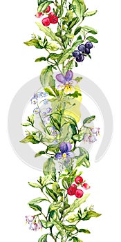 Floral border - field flowers, summer berries, herbs, meadow grass. Botanical watercolor. Repeated frame