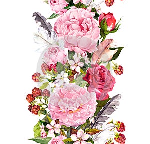 Floral border with flowers, roses, feathers. Vintage repeated strip. Watercolor