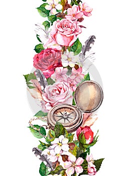 Floral border with flowers, vintage compass. Travel concept. Watercolor seamless frame