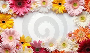 Floral border frame, assorted garden flowers empty space background. Backdrop with copy space