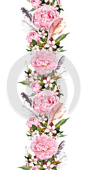 Floral border with pink peony flowers, cherry blossom and bird feathers. Repeating boho banner. Watercolor